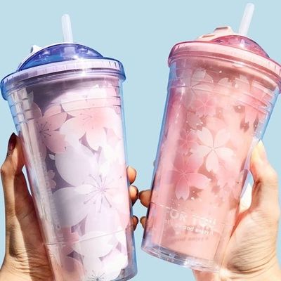 Thermische isolatie Cherry Blossom waterfles 480ml Customized Logo Plastic Tumbler Cup