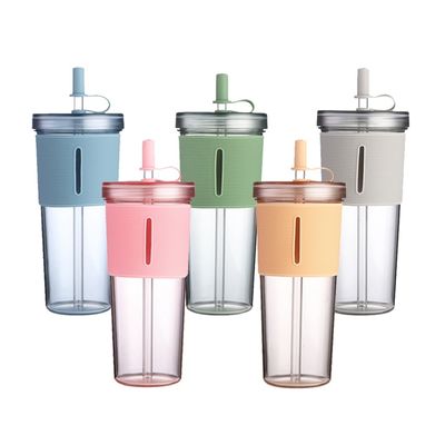 Gestookte plastic flesjes herbruikbare bekers 700 ml koffiebekers water fles met deksel en stro