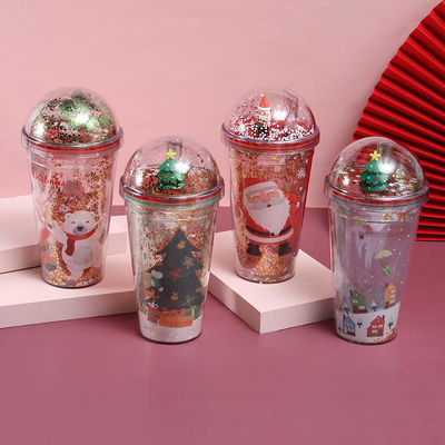 Plastic kerstbekers 500 ml Glitter Double Wall Drinking Tumbler met deksels en rieten