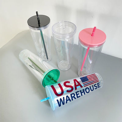 Buiten helder roze groen 16oz 24oz geïsoleerde dubbele wand plastic acryl bekers tumbler met deksels en stro