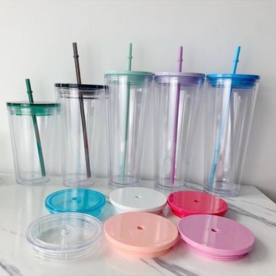 Buiten helder roze groen 16oz 24oz geïsoleerde dubbele wand plastic acryl bekers tumbler met deksels en stro