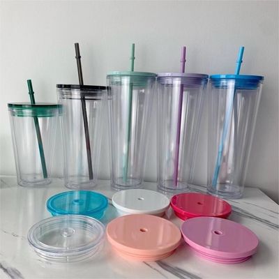 1 stuk Custom DIY 16oz 24oz Double Wall Plastic Acrylic Clear Cup met stro en deksel
