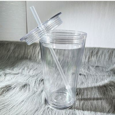 1 stuk Custom DIY 16oz 24oz Double Wall Plastic Acrylic Clear Cup met stro en deksel