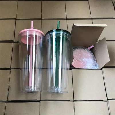 1 stuk Custom DIY 16oz 24oz Double Wall Plastic Acrylic Clear Cup met stro en deksel