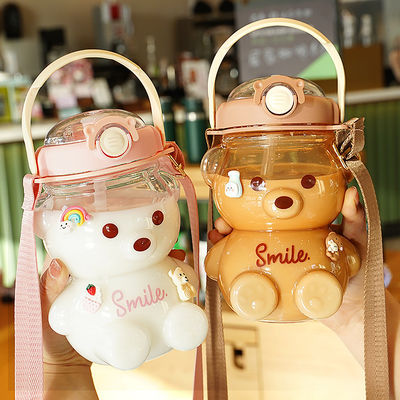 Gym Summer Kids Draagbare schattig beervormige waterfles met stro 1000ml Grote capaciteit