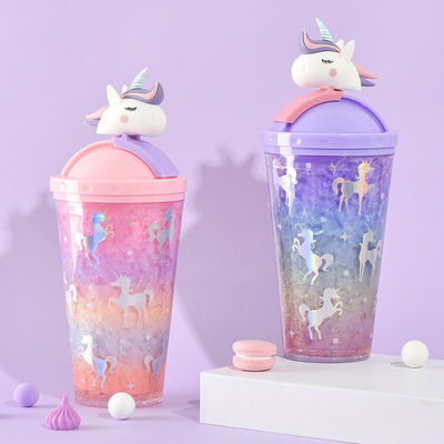 430 ml dubbele wand plastic koud drankje ijsbeker met stro schattig eenhoorn ontwerp