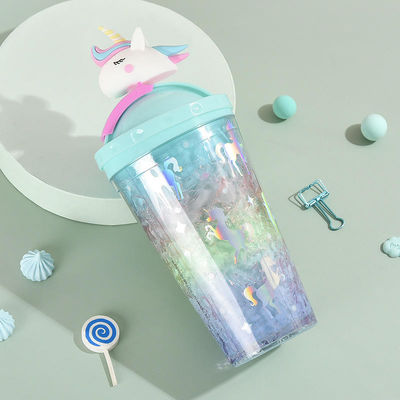 430 ml dubbele wand plastic koud drankje ijsbeker met stro schattig eenhoorn ontwerp