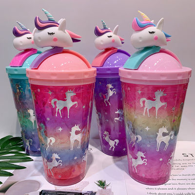 430 ml dubbele wand plastic koud drankje ijsbeker met stro schattig eenhoorn ontwerp