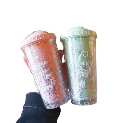 Dubbele laag Net Red Ins Water Cup met stro voor Home Office Ontbijt Milk Juice Cup