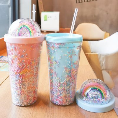 Dubbele laag Net Red Ins Water Cup met stro voor Home Office Ontbijt Milk Juice Cup