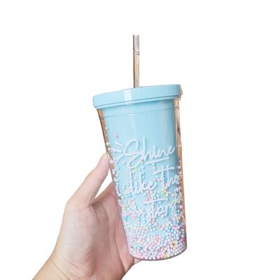 Direct drinken Dubbele wand koepel Acrylische melk theekop met sequins Kleur op maat