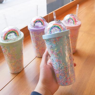Direct drinken Dubbele wand koepel Acrylische melk theekop met sequins Kleur op maat