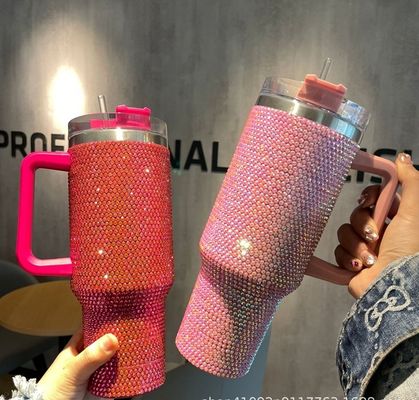 40oz met diamant ingelegde roestvrijstalen waterfles vacuümbeker met stro en handvat
