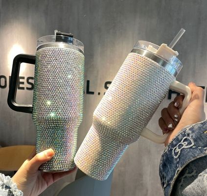 40oz met diamant ingelegde roestvrijstalen waterfles vacuümbeker met stro en handvat