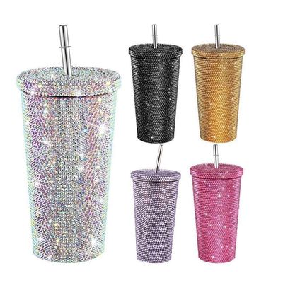 500 ml dubbele wand geïsoleerde diamant rhinestones tumbler met accessoires met stro