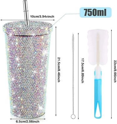 500 ml dubbele wand geïsoleerde diamant rhinestones tumbler met accessoires met stro