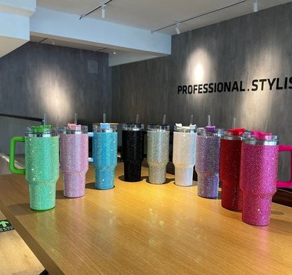1 Diamanten zwarte bekertjes Dubbelwand roestvrij staal koffie reis tumbler met stro