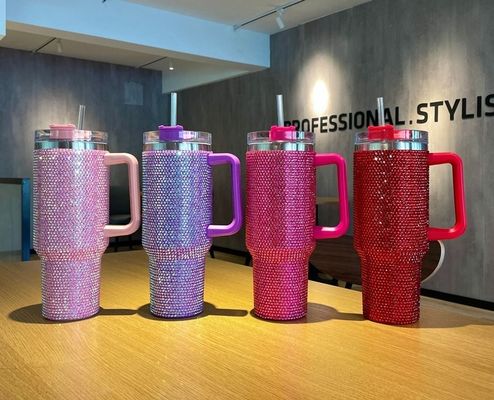 1 Diamanten zwarte bekertjes Dubbelwand roestvrij staal koffie reis tumbler met stro