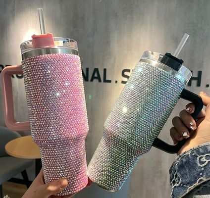 1 Diamanten zwarte bekertjes Dubbelwand roestvrij staal koffie reis tumbler met stro